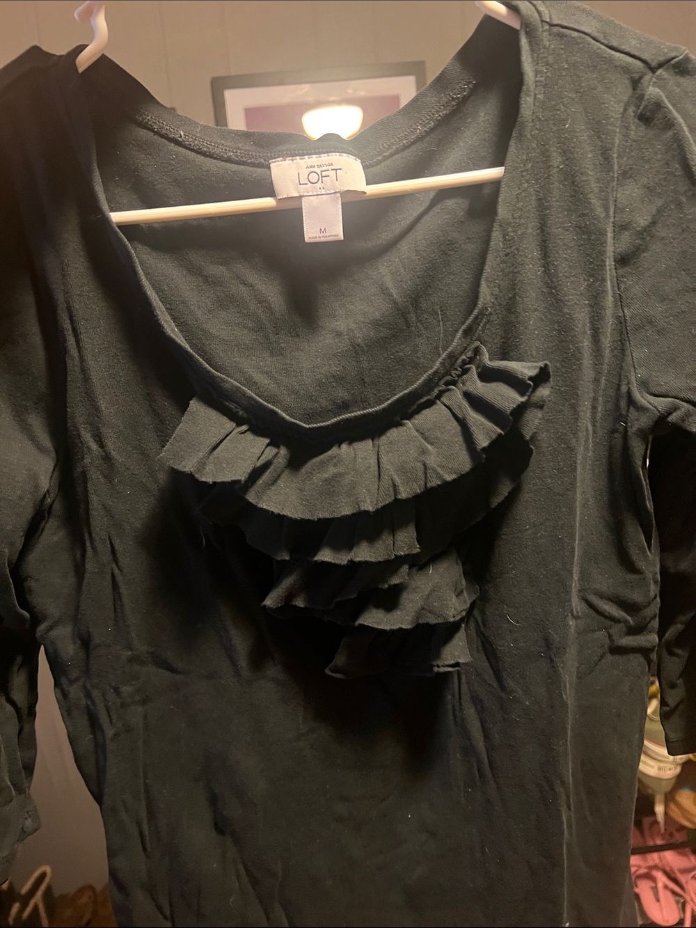 LOFT Black Long Sleeve Ruffle Scoop Neck Top